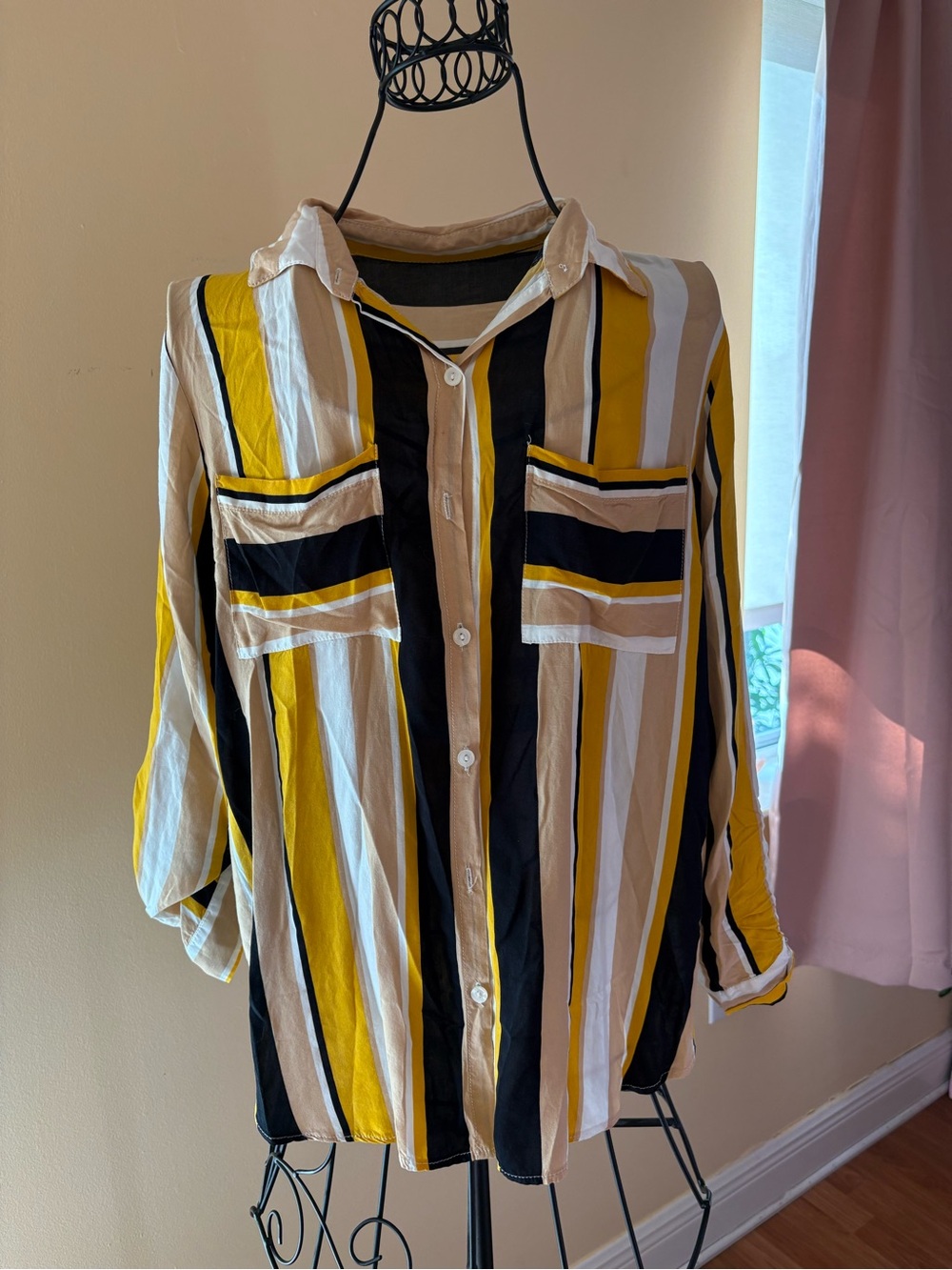 Men's Casual Striped Button-Down Shirt — Yellow, Black & Cream